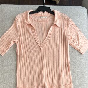 Free People Light Pink/peach Ribbed Collared Top with deep V-neck